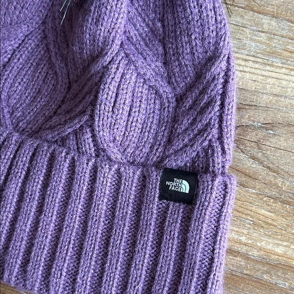The North Face Youth Purple Knit Beanie with Fluffy Gray Pom-Pom - Picture 2 of 15